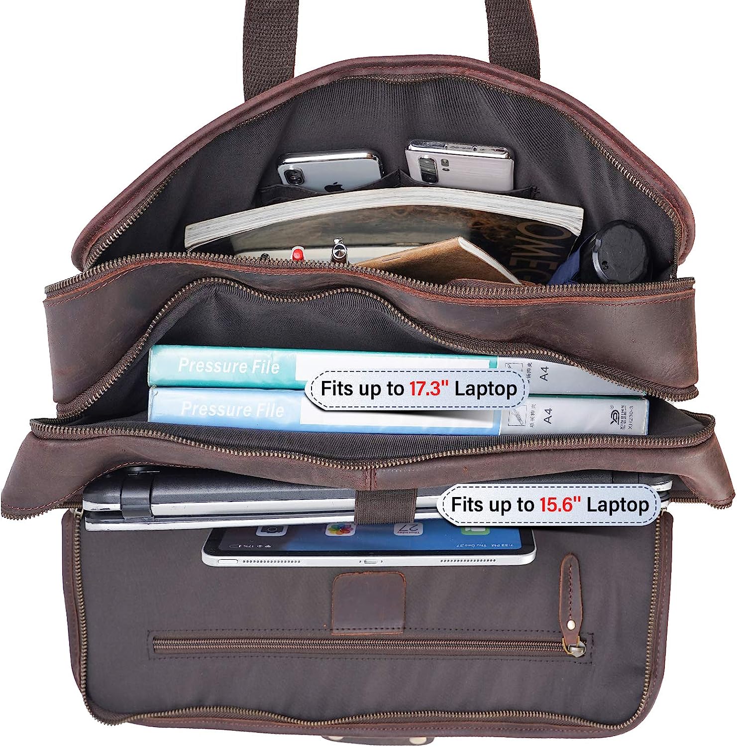 Men's Full Grain Leather Briefcase Large 17 Inch Business Travel Laptop Messenger Bag Tote with YKK Metal Zippers - Image 6